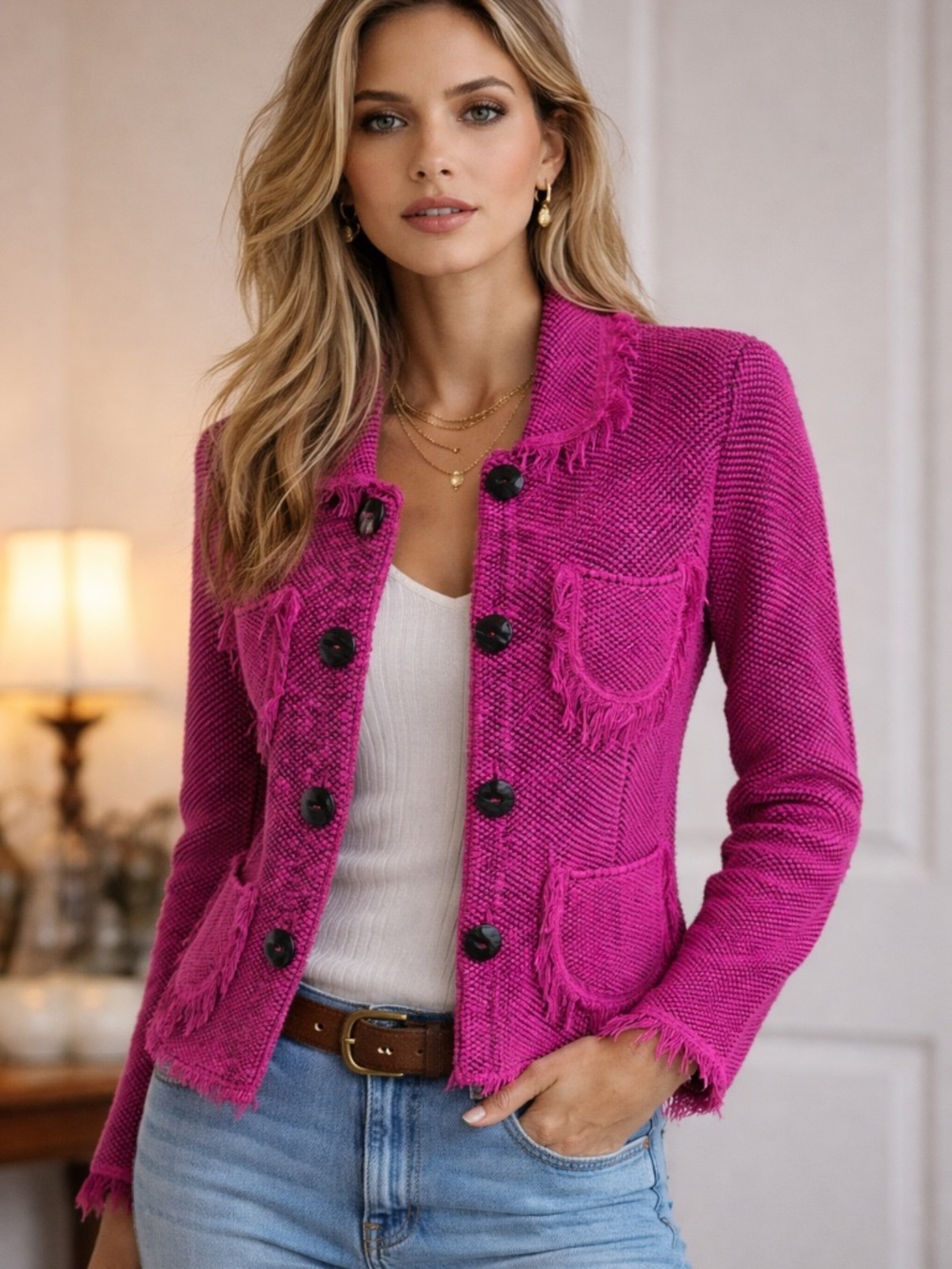 Willow Pink Textured Fringe Jacket – Boho Chic Statement Piece Size M